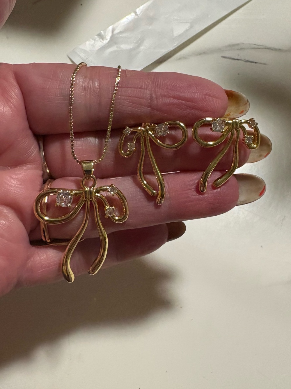 Gold Bow Pendant Necklace and Earrings Set - Elegant Women's Jewelry